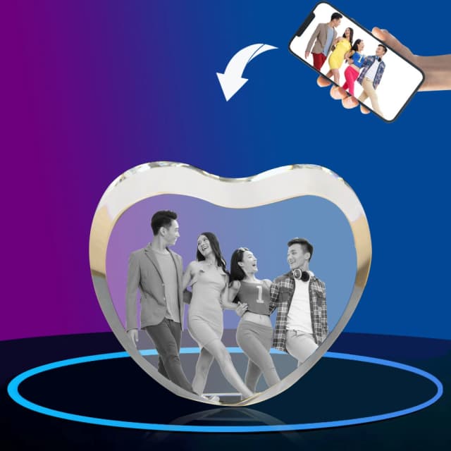 Personalized 3D Crystal Photo - Heart Shape Quadruple Portrait Crystal Block (4.3×3.5×1.2 inch / 11×9×3 cm) - Custom Laser Engraved Gift